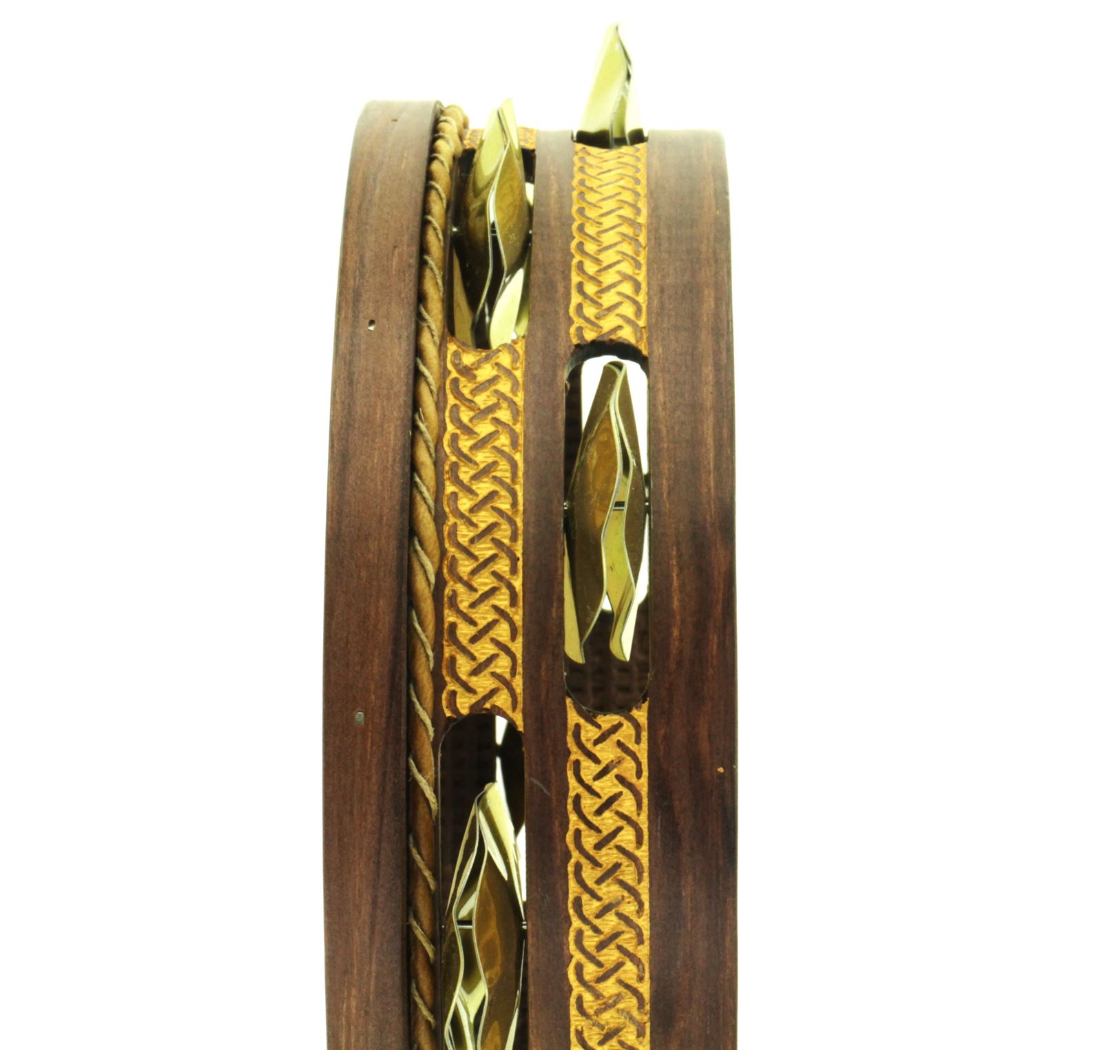 Pandeireta 9 pares marrón con trenzado celta dourado e ferreñas manuais douradas - Imaxe 1