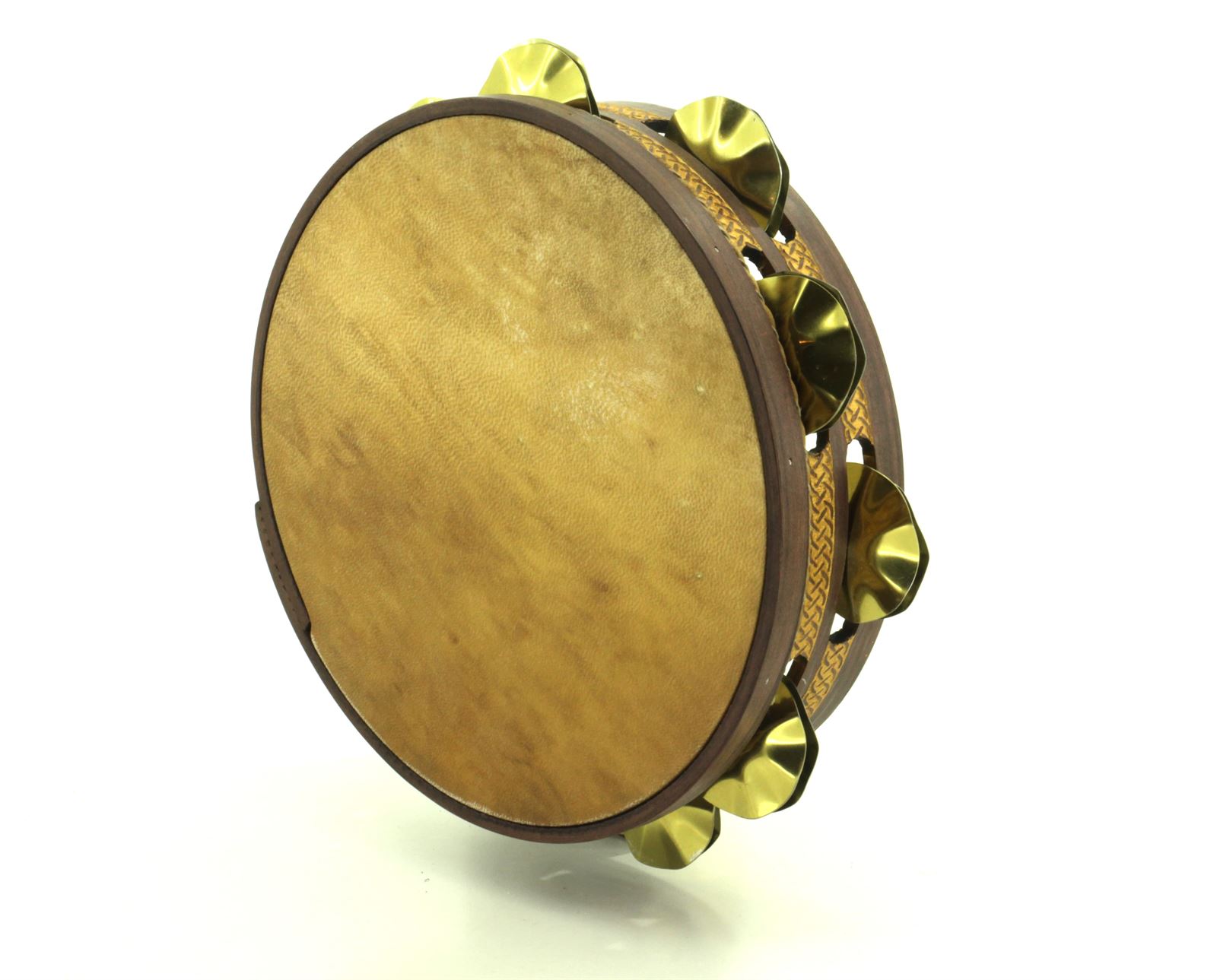 Pandeireta 9 pares marrón con trenzado celta dourado e ferreñas manuais douradas - Imaxe 3