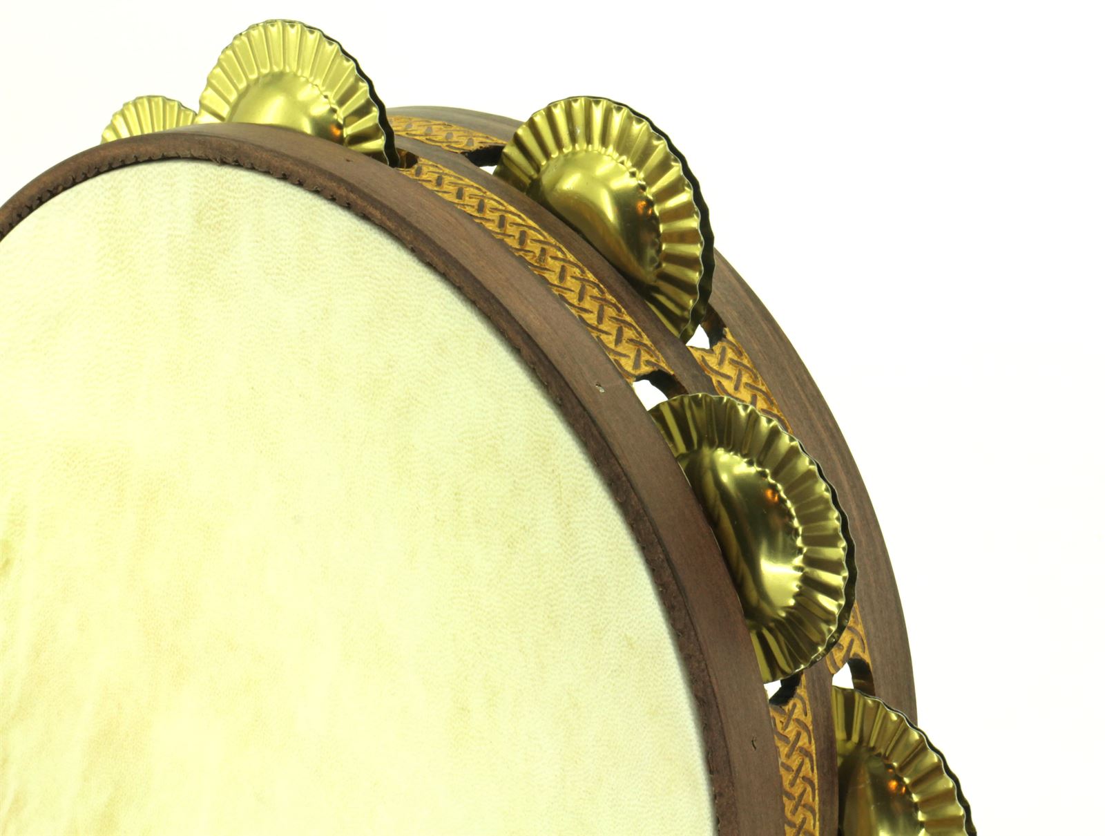 Pandeireta 9 pares marrón con trenzado celta dourado e ferreñas tradicionais douradas - Imaxe 2