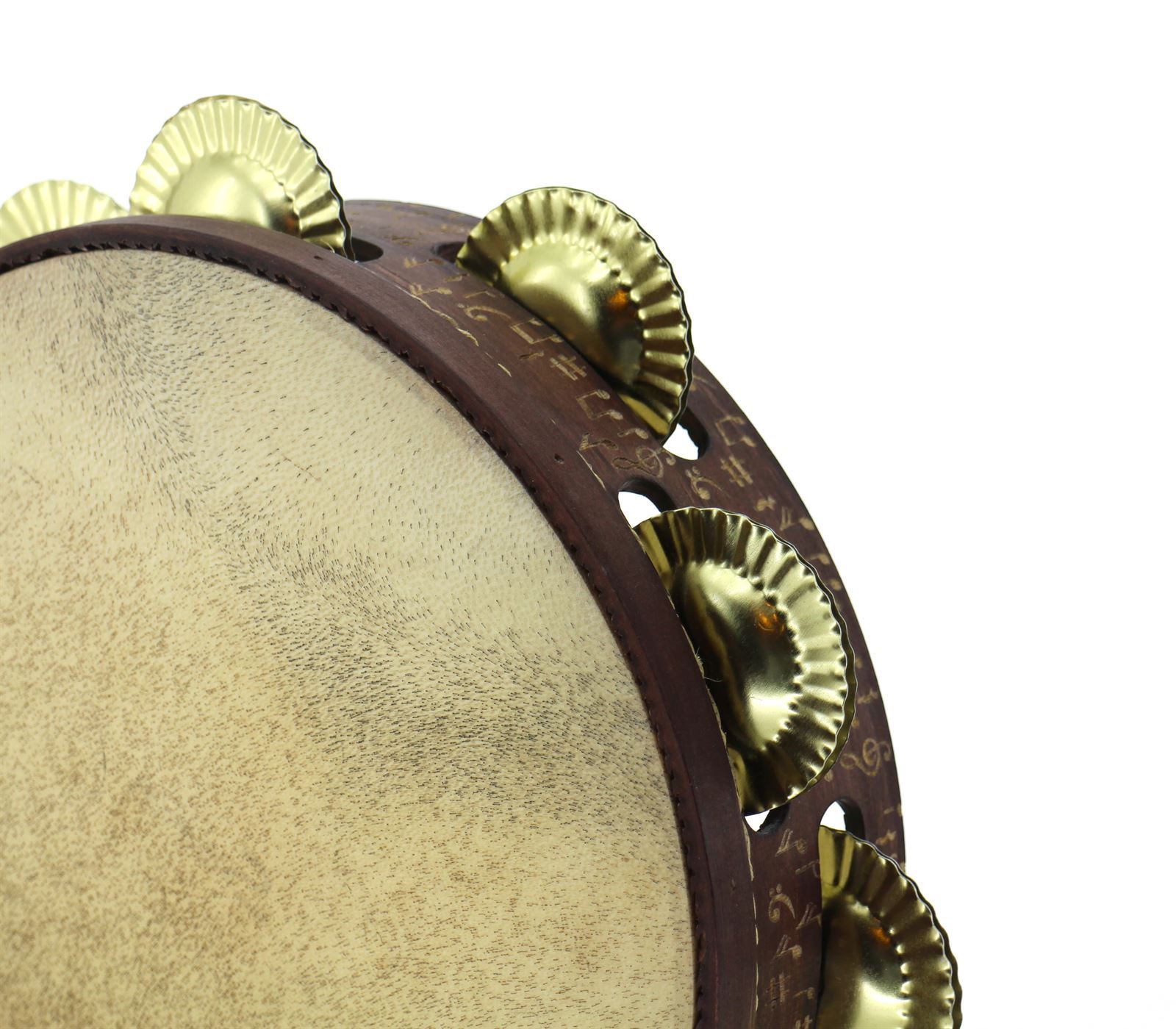 Pandeireta de 9 pares cor marrón decorada con notas musicais e coiro rústico - Imaxe 1