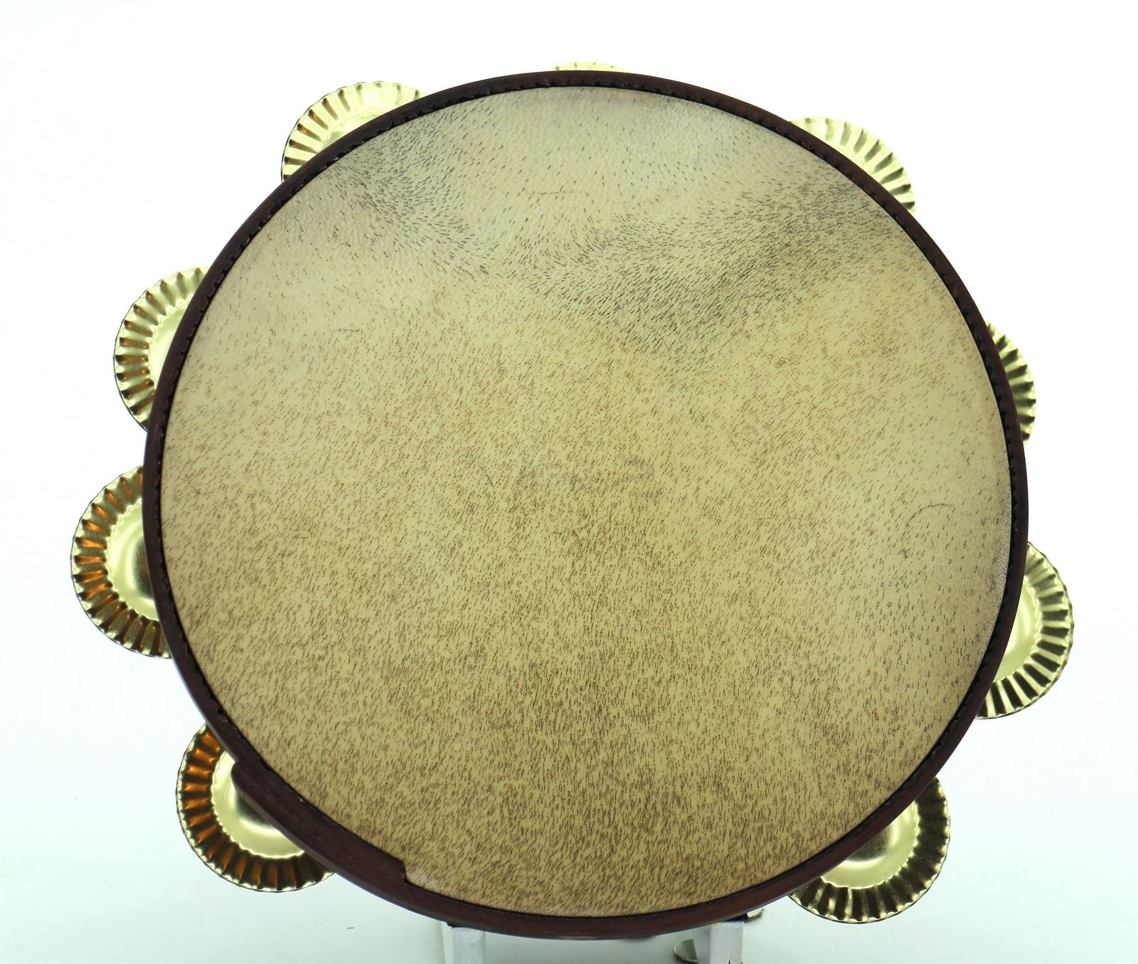 Pandeireta de 9 pares cor marrón decorada con notas musicais e coiro rústico - Imaxe 3