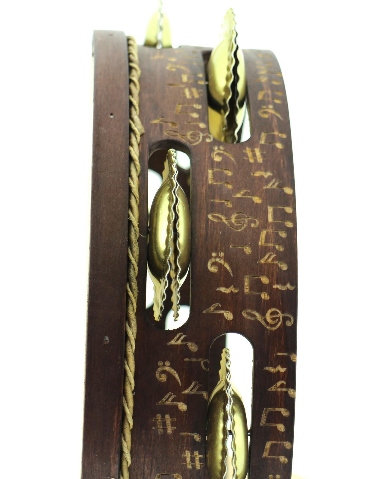Pandeireta de 9 pares cor marrón decorada con notas musicais e coiro rústico - Imaxe 4