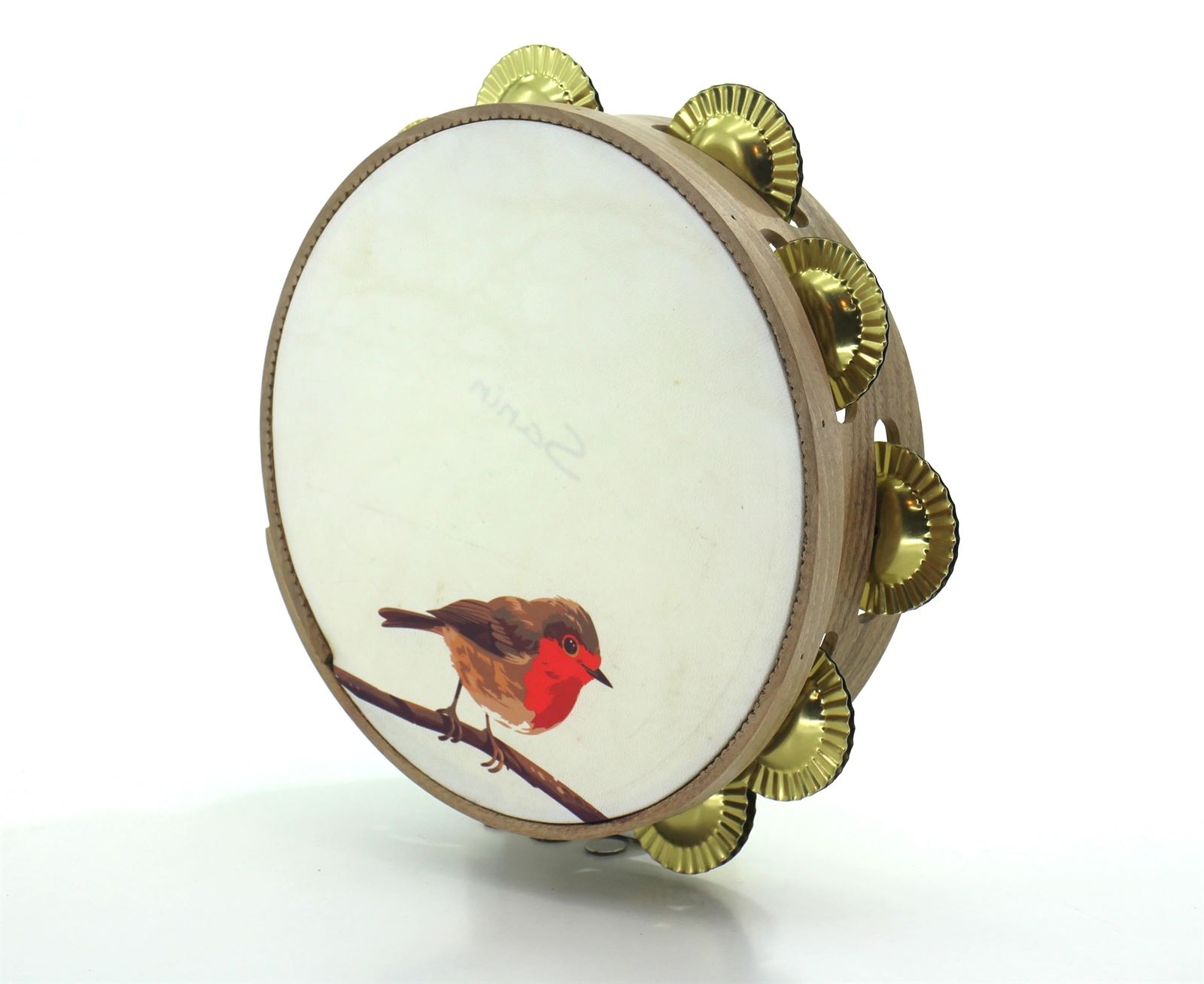 Pandeireta de nogueira ilustrada con paporrubio e ferreñas tradicionais douradas - Imaxe 1