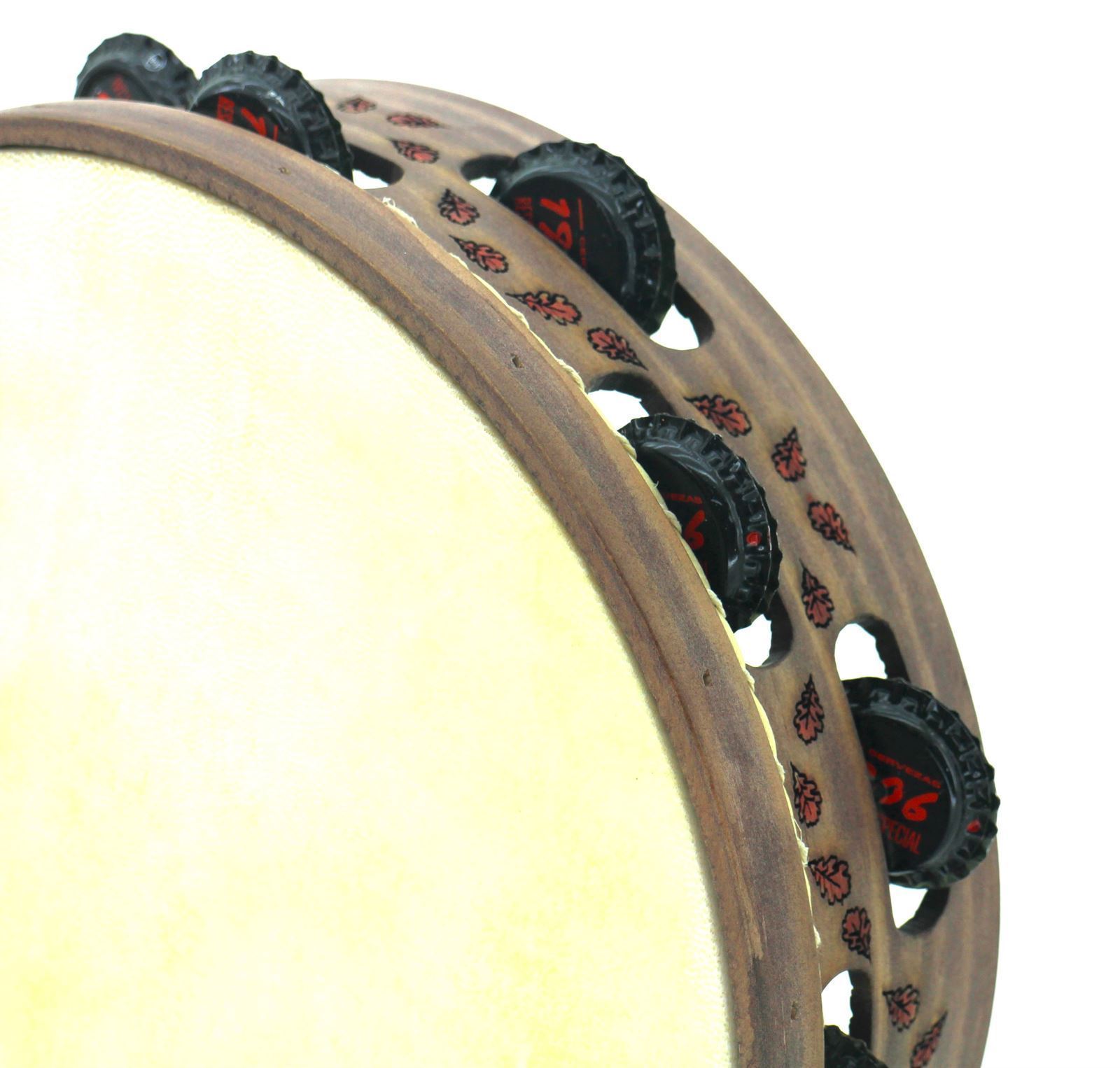 Pandeireta marrón de 13 pares de chapas recicladas decorada con follas de carballo - Imaxe 1