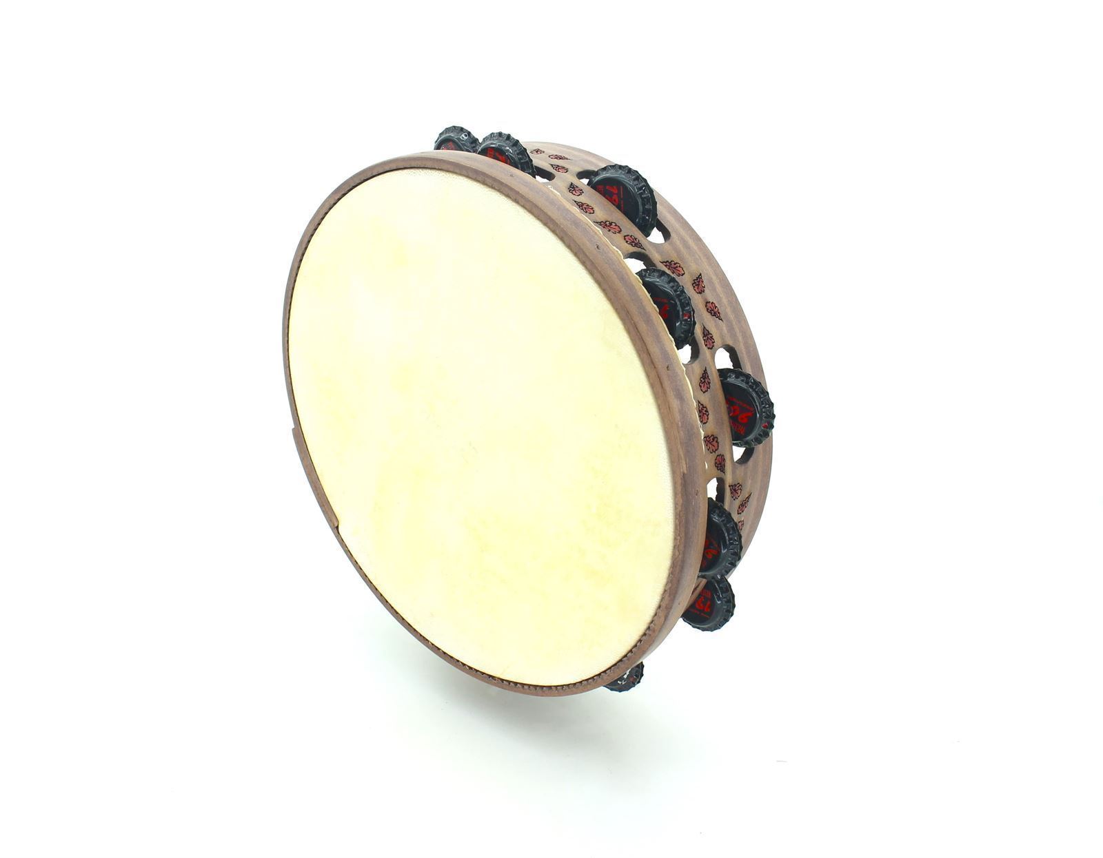 Pandeireta marrón de 13 pares de chapas recicladas decorada con follas de carballo - Imaxe 2