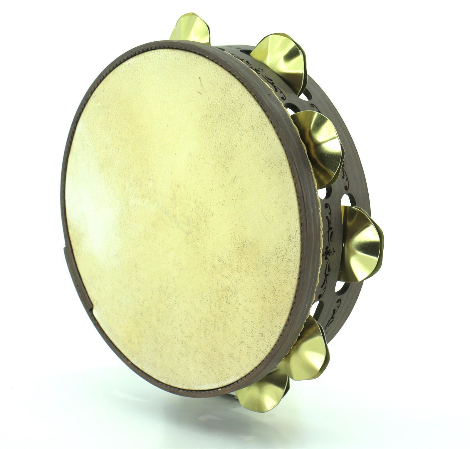 Pandeireta marrón de 9 pares de ferreñas manuais douradas decorada con cenefa - Imaxe 2