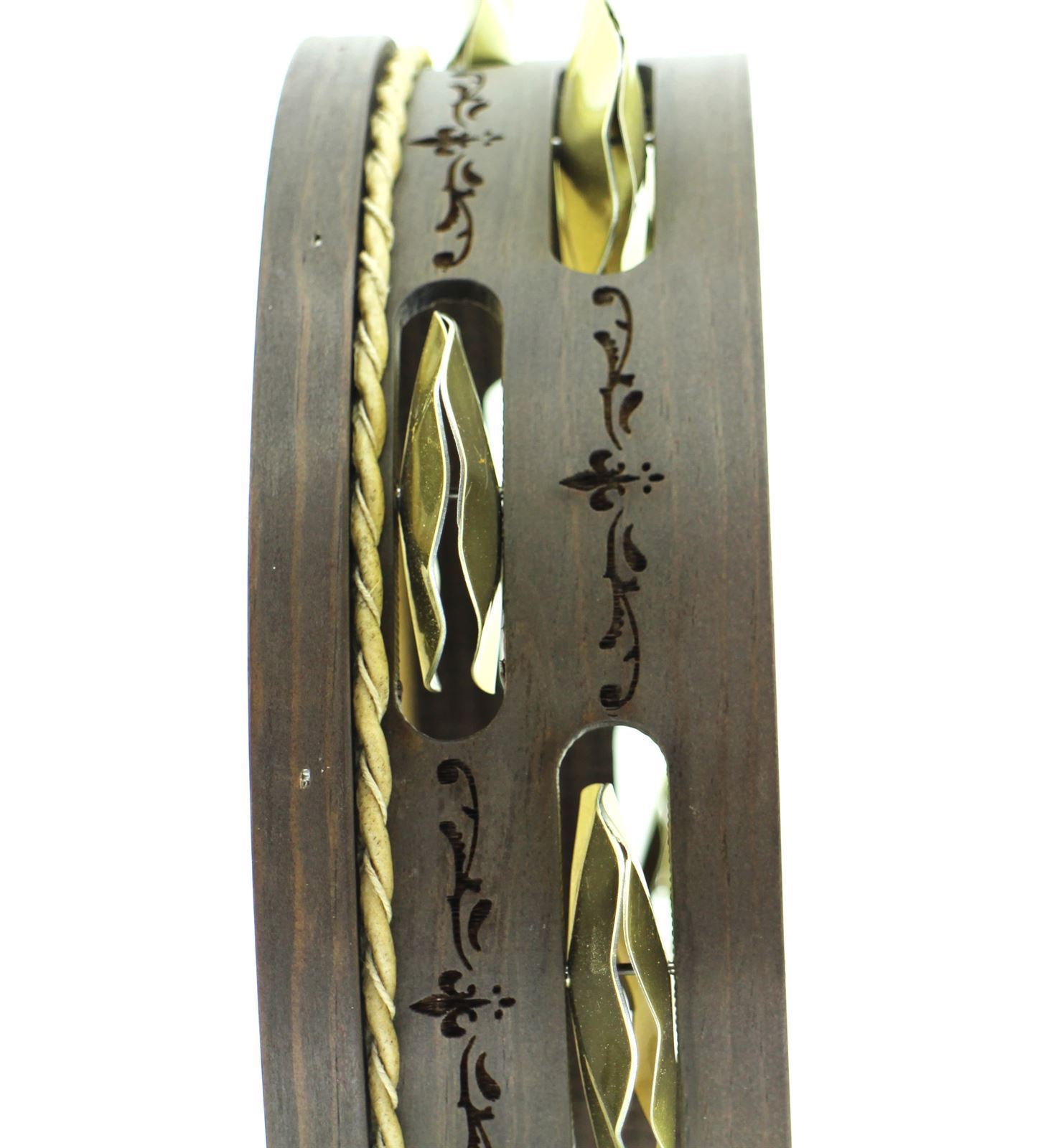 Pandeireta marrón de 9 pares de ferreñas manuais douradas decorada con cenefa - Imaxe 3