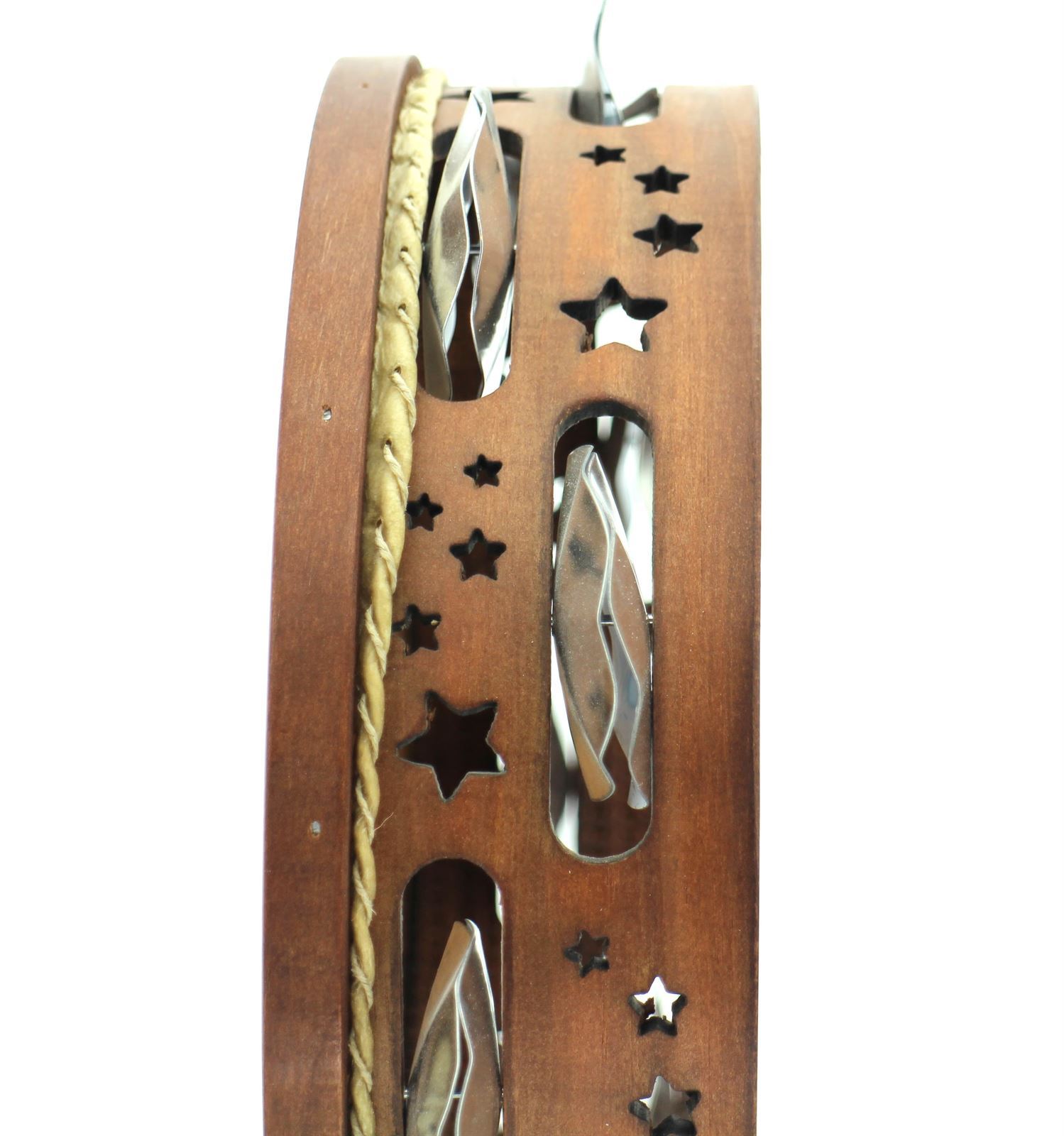 Pandeireta marrón de 9 pares decorada con estrelas, coiro tinguido de marrón e ferreñas manuais - Imaxe 3