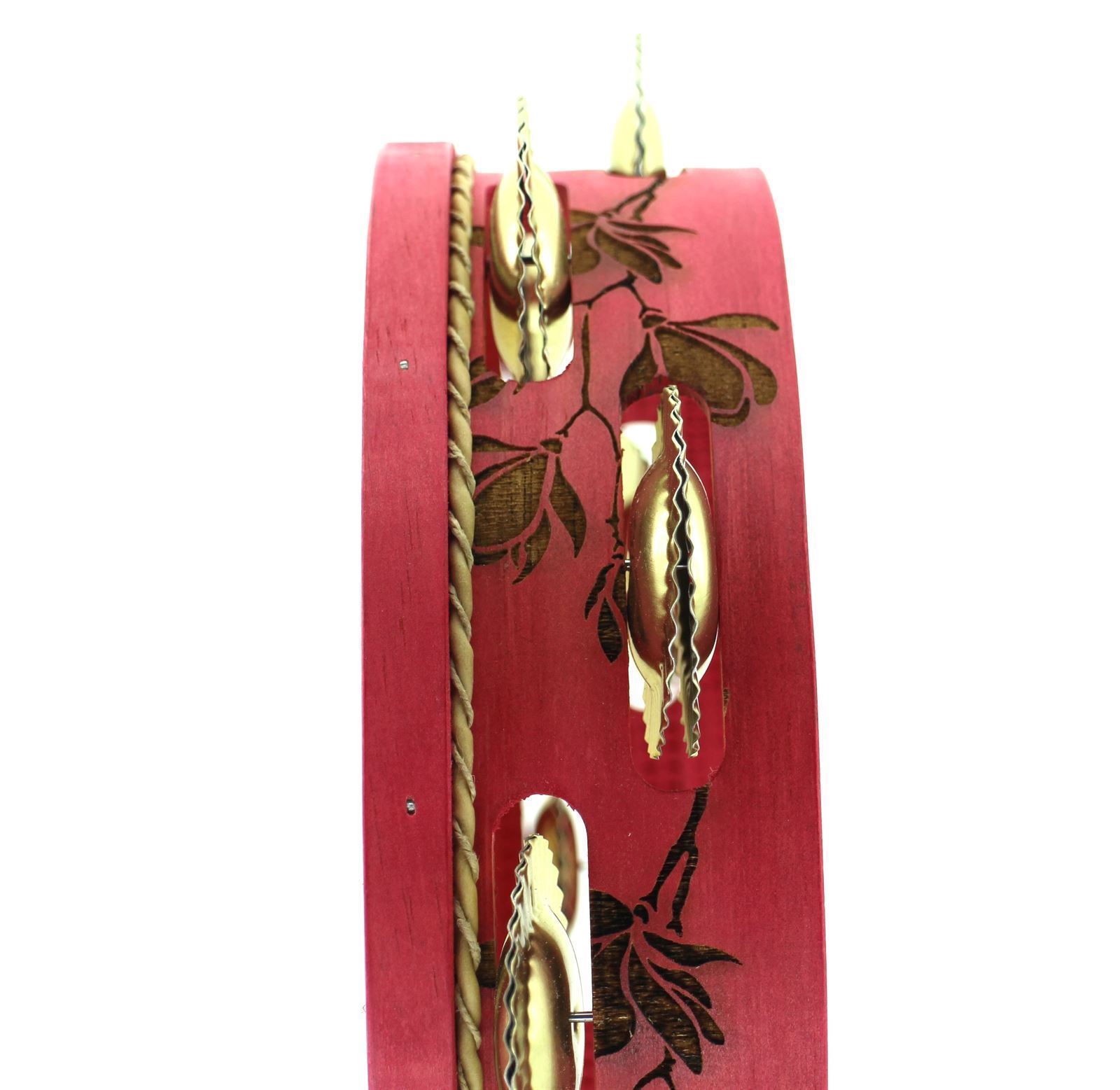 Pandeireta rosa de 9 pares con decorado de polas de magnolio e ferreñas tradicionais douradas - Imaxe 1