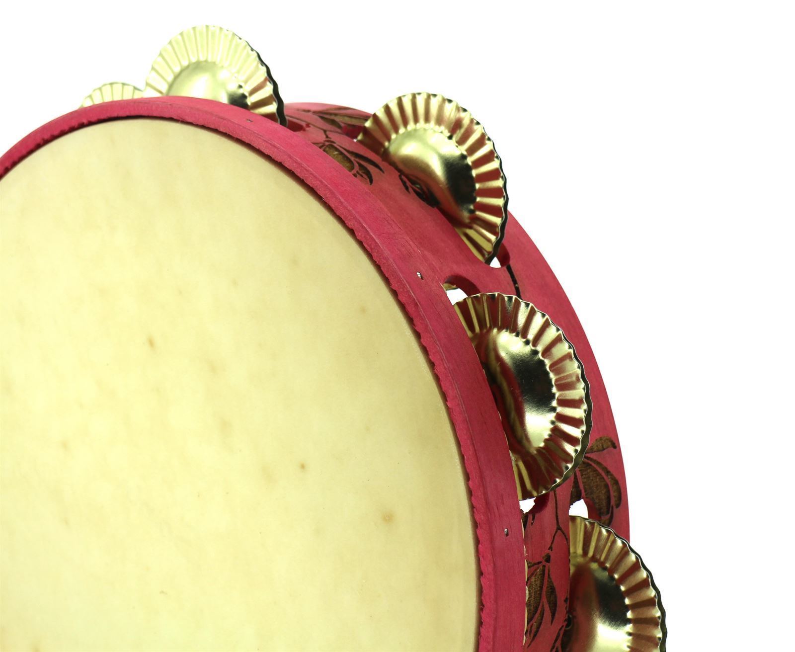 Pandeireta rosa de 9 pares con decorado de polas de magnolio e ferreñas tradicionais douradas - Imaxe 2