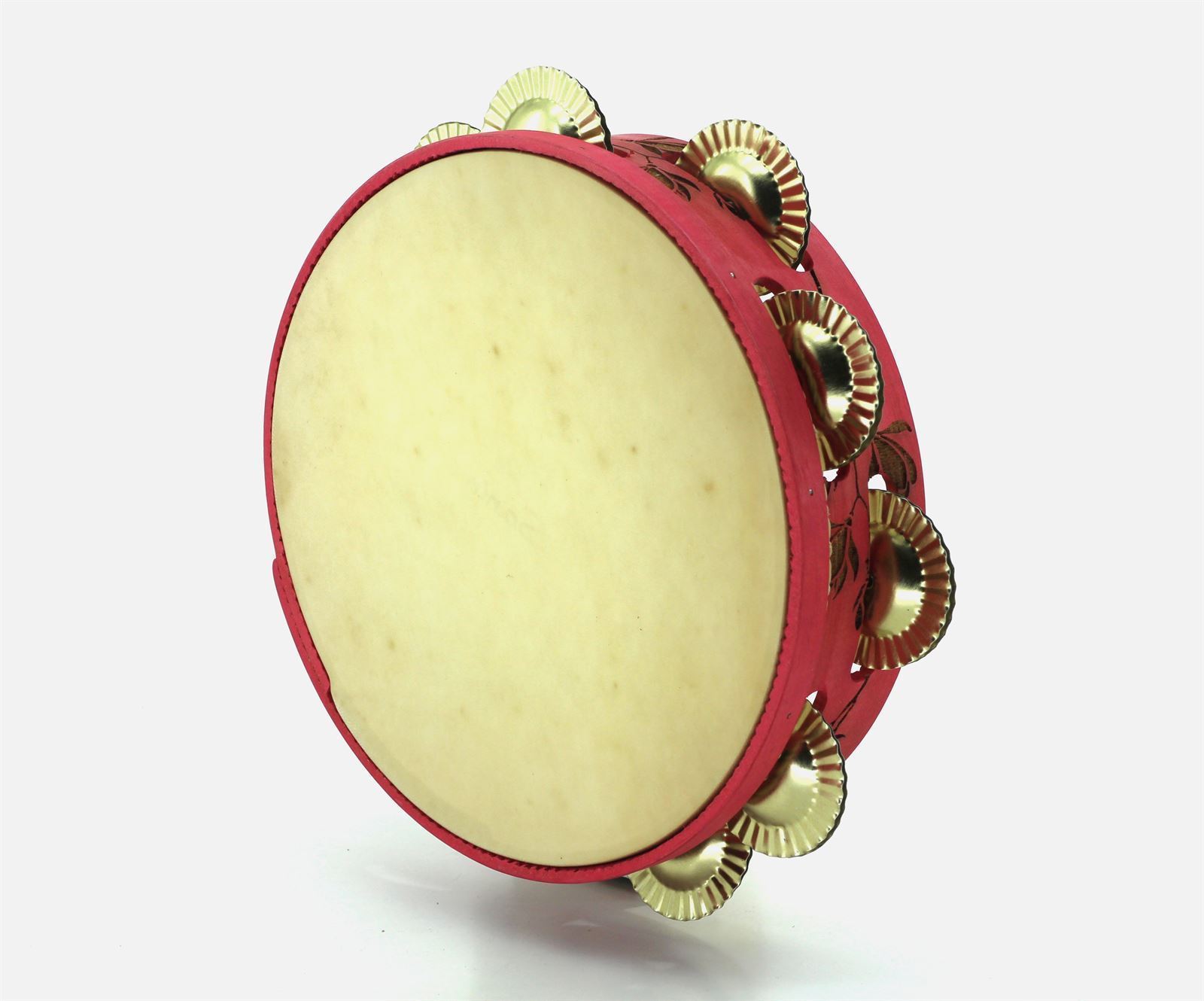 Pandeireta rosa de 9 pares con decorado de polas de magnolio e ferreñas tradicionais douradas - Imaxe 3