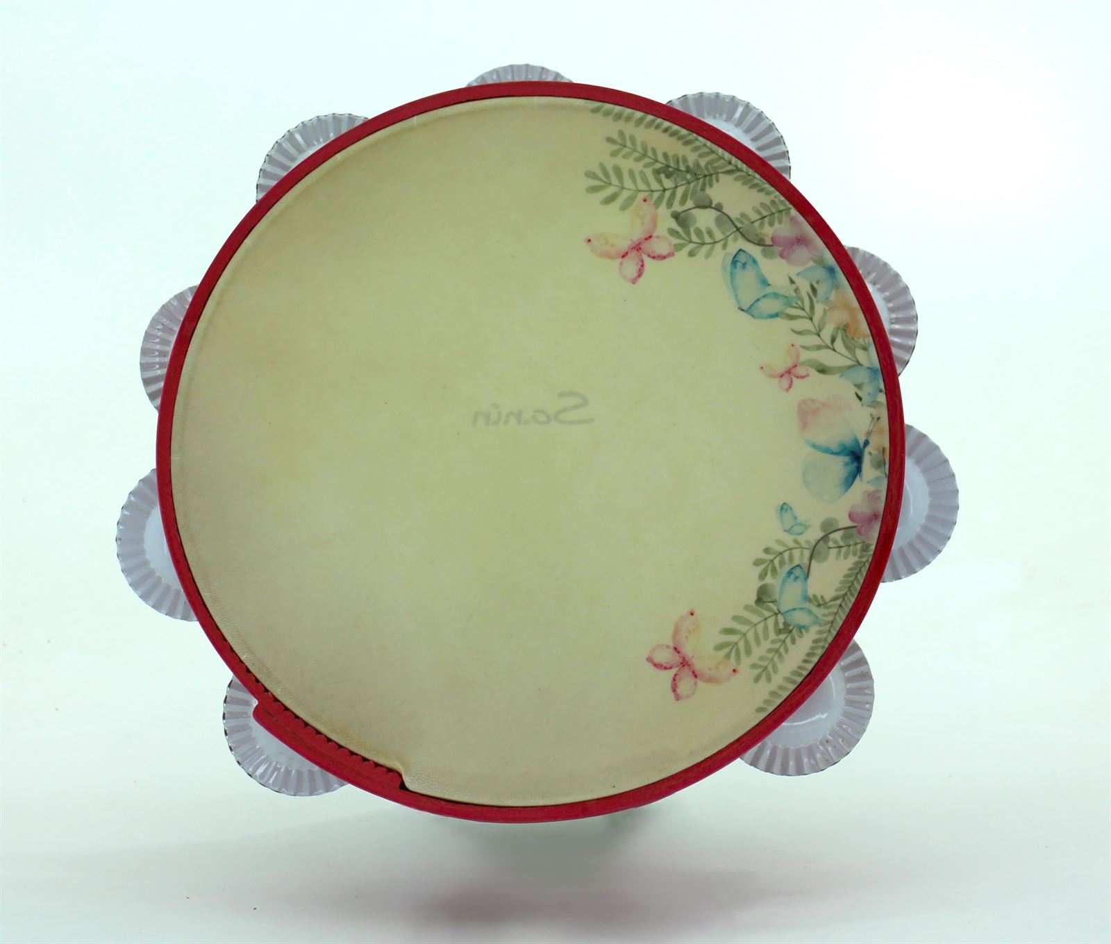 Pandeireta rosa de 9 pares de ferreñas tradicionais en branco e ilustración de bolboretas - Imaxe 3