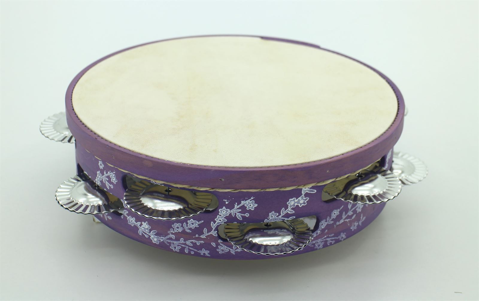 Pandeireta tradicional de 9 pares violeta con flores brancas - Imaxe 3