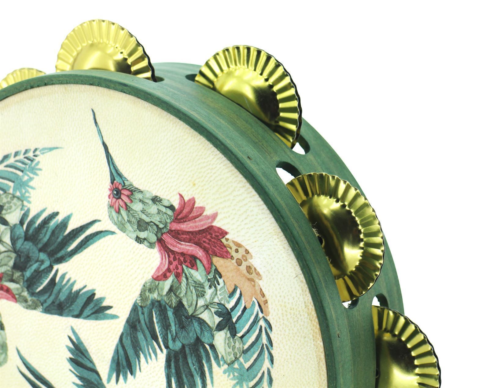 Pandeireta verde ilustrada con colibrís - Imaxe 1