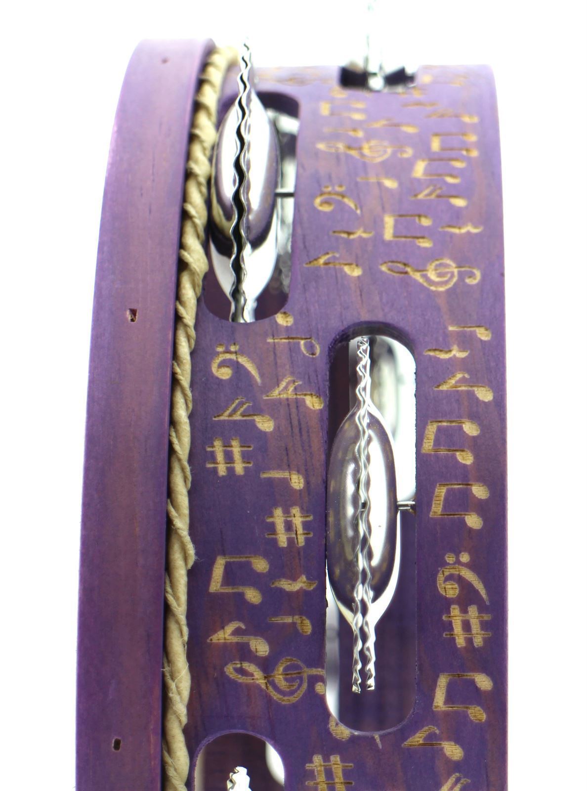 Pandeireta violeta de 9 pares decorada con notas musicais e ilustración de Rosalía - Imaxe 3