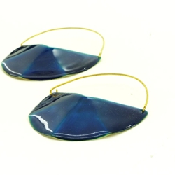 Pendentes de latón dourado de media ferreña manual con esmaltado azul - Imaxe 1